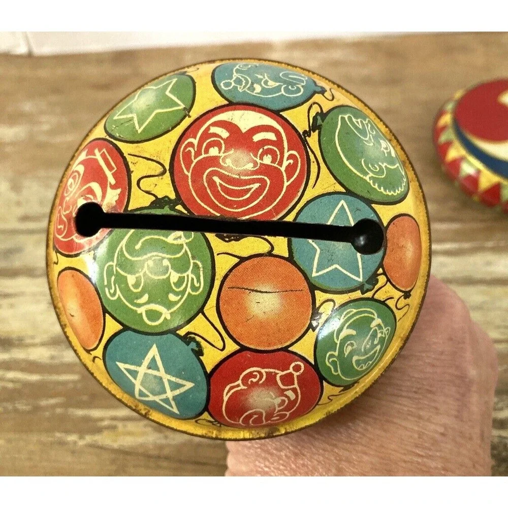 Vintage tin litho noisemakers rattles 1930's 1950's Japan clowns balloons
